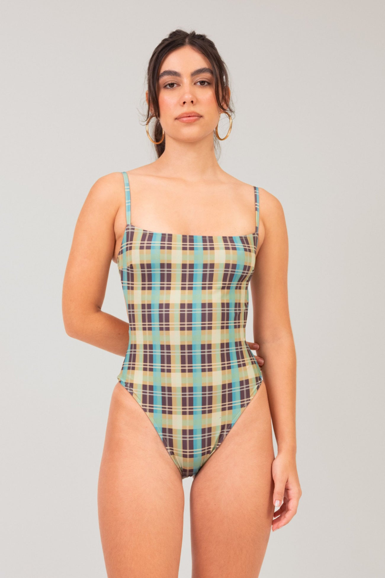 Check Square-neck Swimsuit