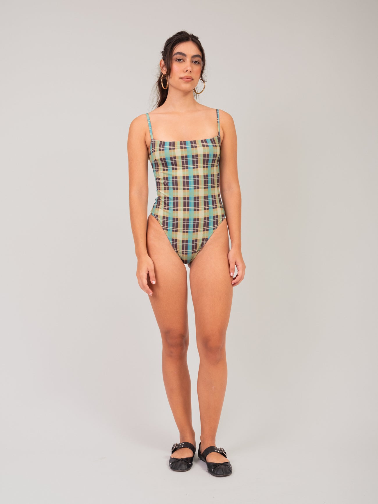 Check Square-neck Swimsuit