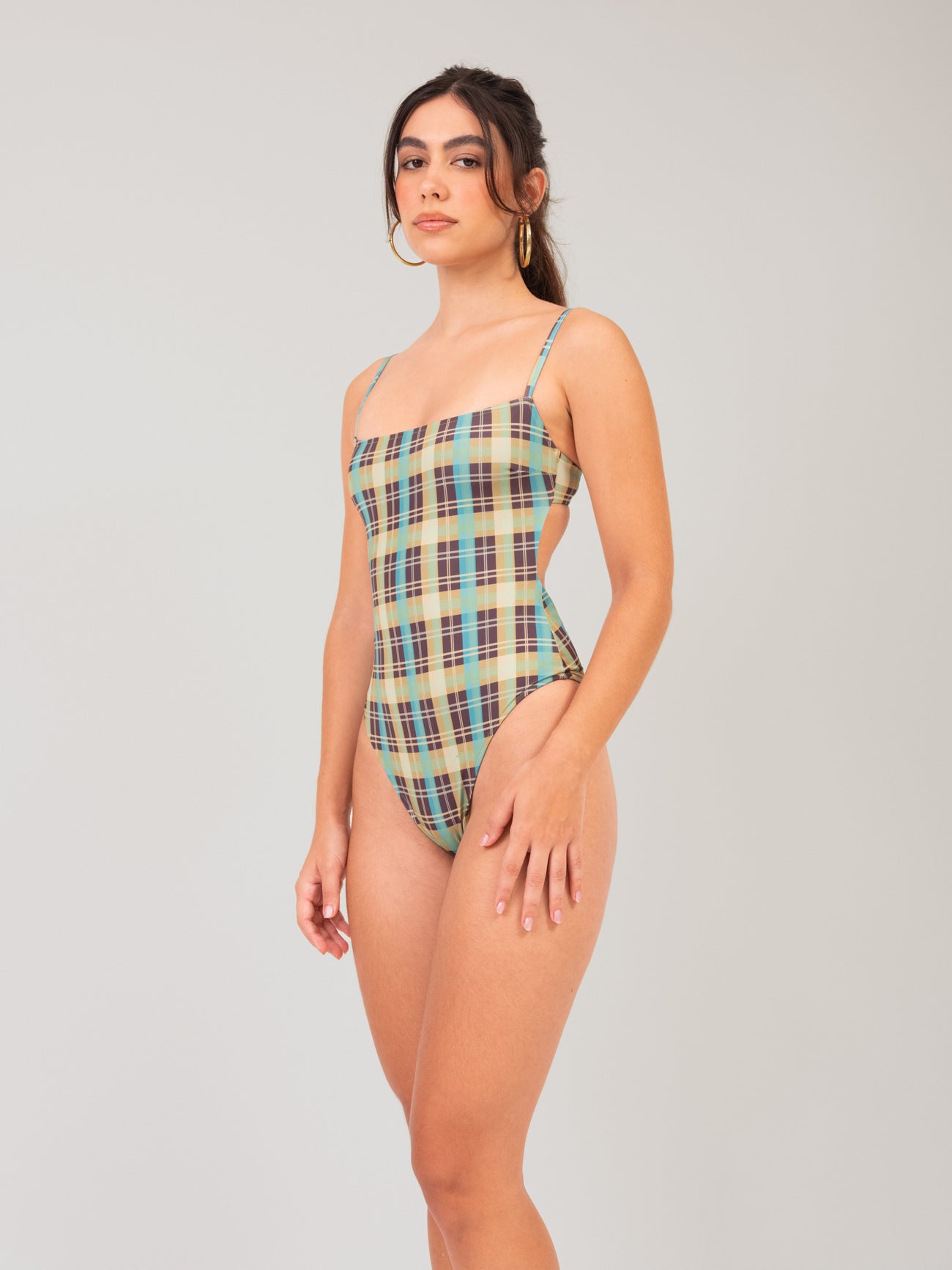 Check Square-neck Swimsuit