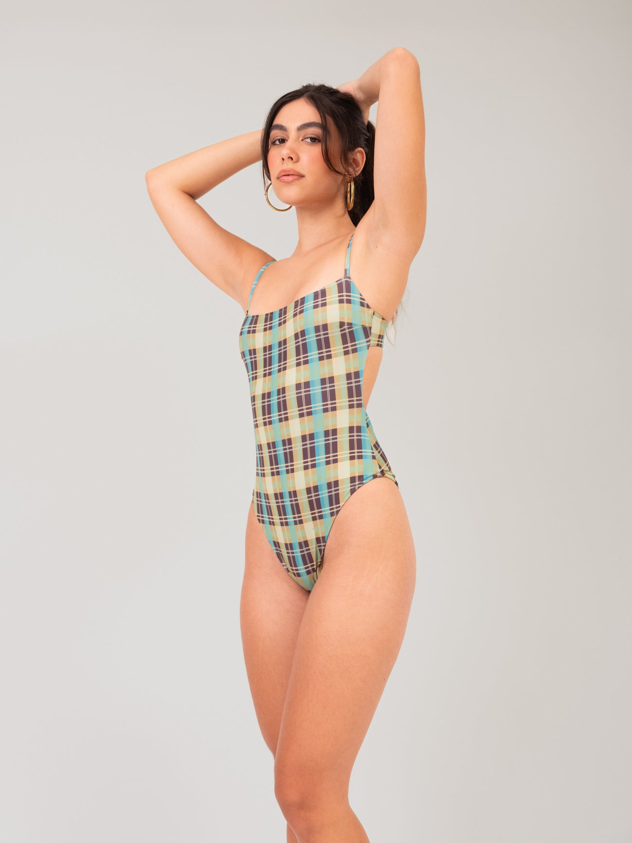 Check Square-neck Swimsuit