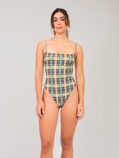 Check Square-neck Swimsuit